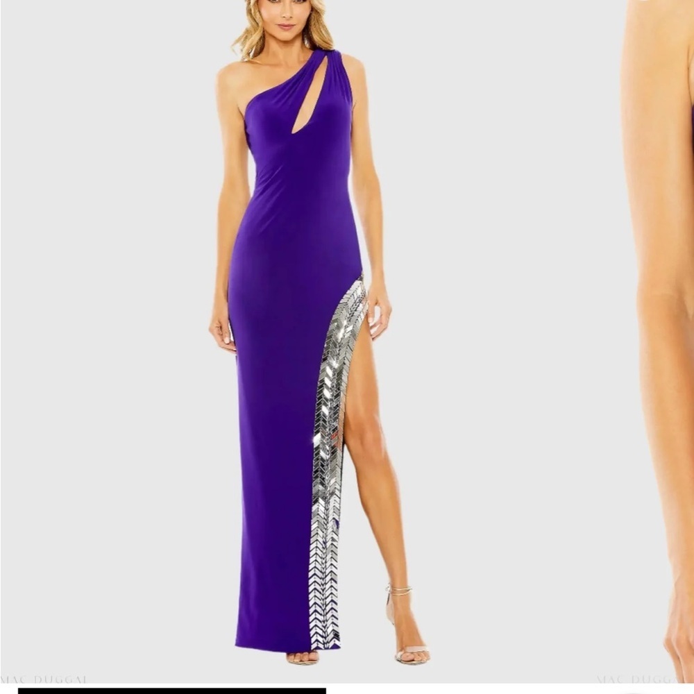 Mac Duggal Purple One Shoulder Mirror Sequin Cutout Prom Gown High Slit